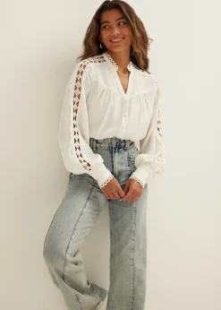 Fashion Cotton Club Blouse crochet tape details wit,off-white