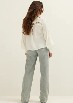 Fashion Cotton Club Blouse crochet tape details wit,off-white