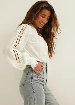 Fashion Cotton Club Blouse crochet tape details wit,off-white