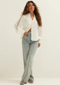 Fashion Cotton Club Blouse crochet tape details wit,off-white