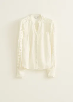 Fashion Cotton Club Blouse crochet tape details wit,off-white