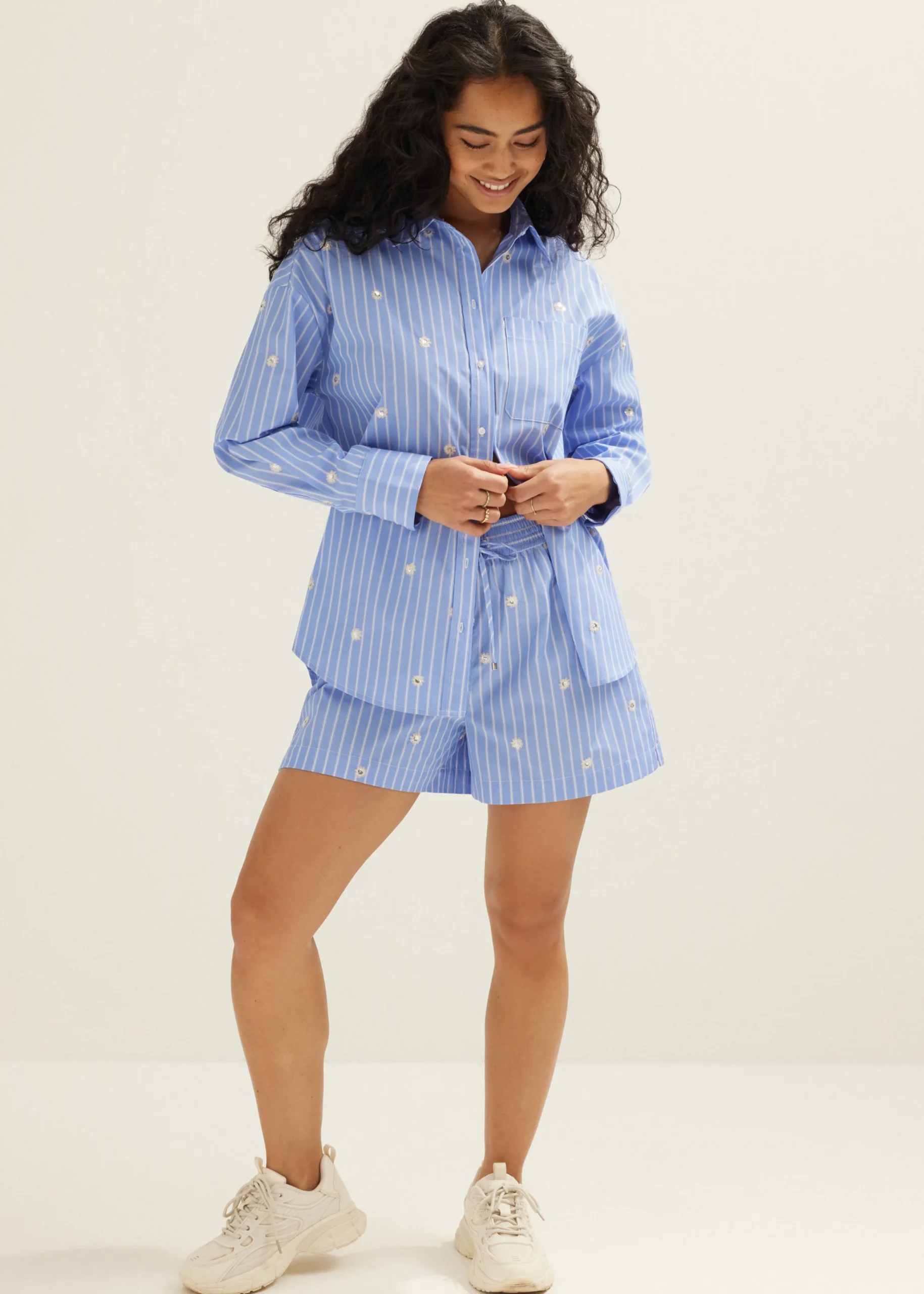 Best Cotton Club Blouse gestreept met paillet detail blauw