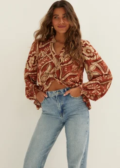 New Cotton Club Blouse met print middenzand