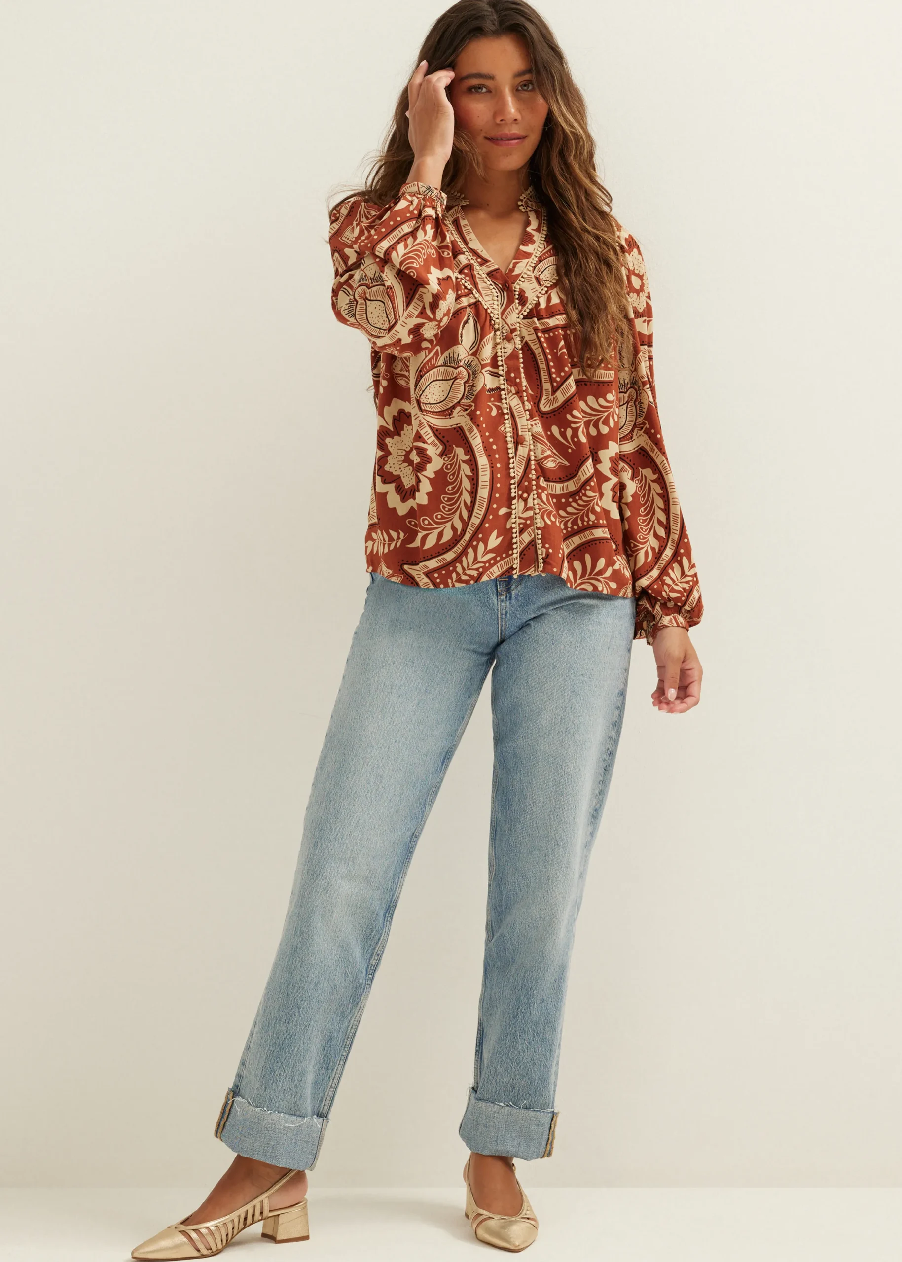 New Cotton Club Blouse met print middenzand