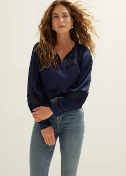Online Cotton Club Blouse met satijnen look donkerblauw