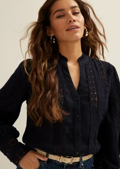Online Cotton Club blouse met tape details donkerblauw