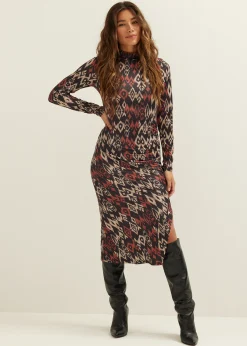 New Cotton Club Bodycon jurk met print middenbruin