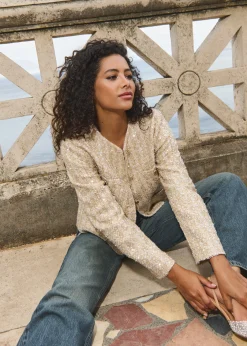 Online Cotton Club Boucle jasje met pailletten lichtzand