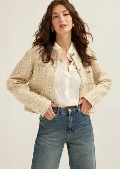 Online Cotton Club Boucle jasje met pailletten lichtzand