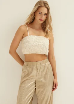 New Cotton Club Crop top met pailletten ecru