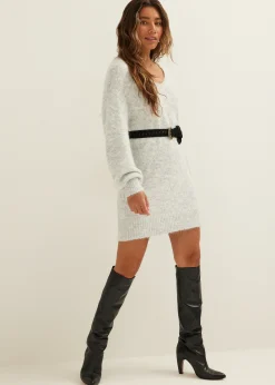 Outlet Cotton Club Gebreide jurk met v-hals grijs,lichtmelee