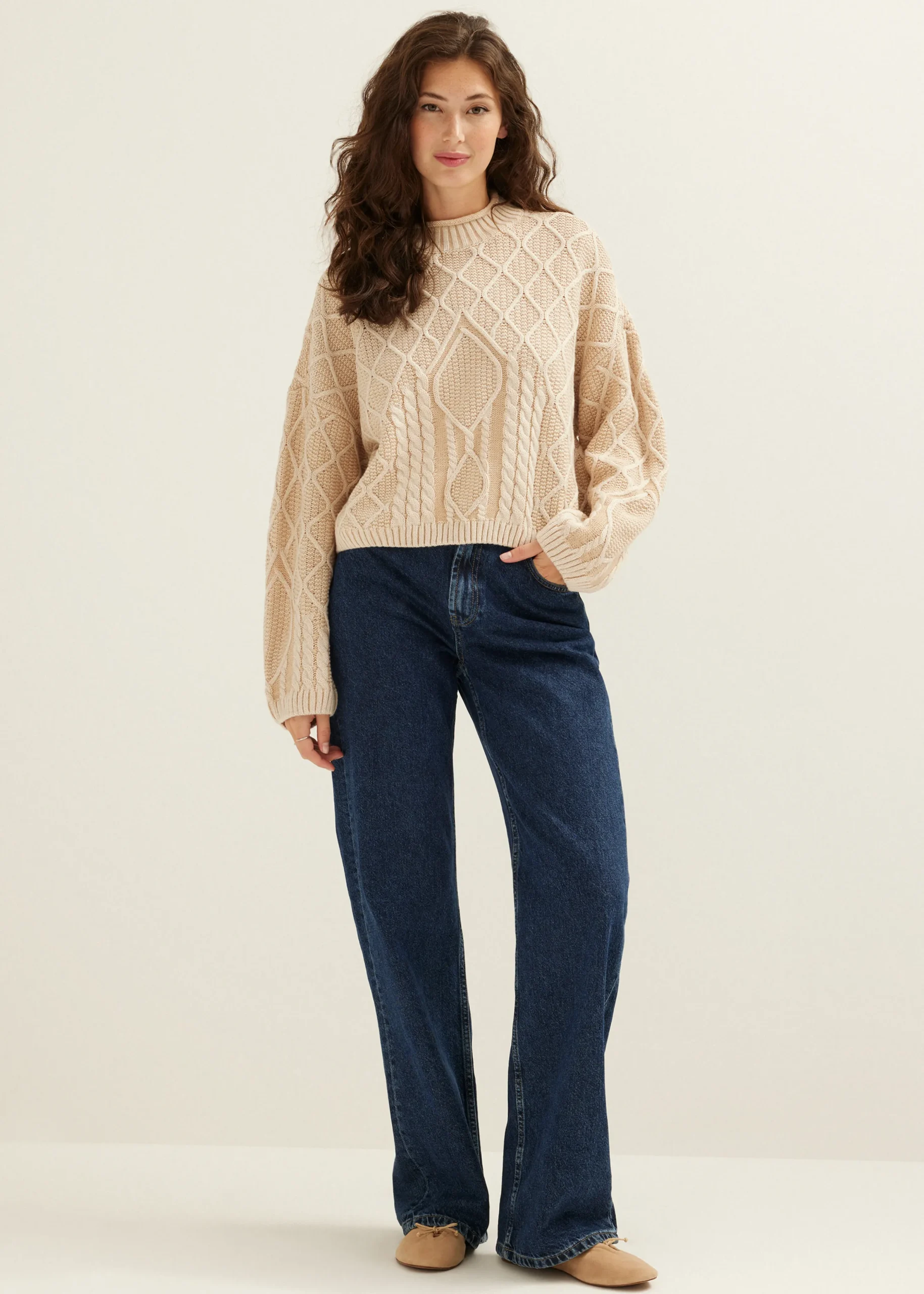 Sale Cotton Club Gebreide trui met kabelpatroon lichtzand