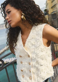 Online Cotton Club Gilet met franje details lichtzand