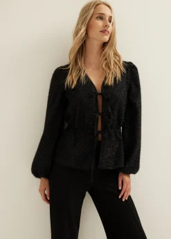 Online Cotton Club Glitter blouse met striksluiting zwart