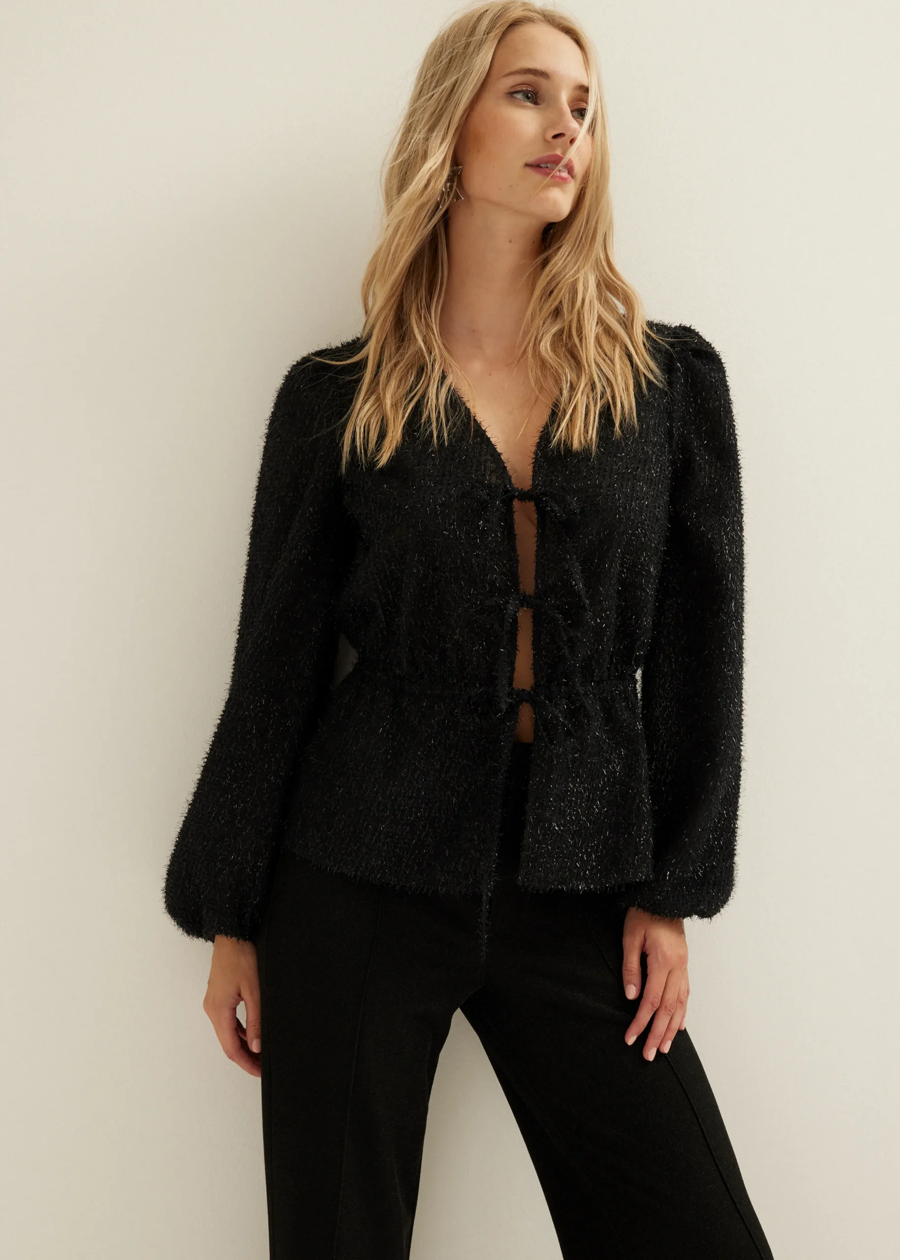 Online Cotton Club Glitter blouse met striksluiting zwart
