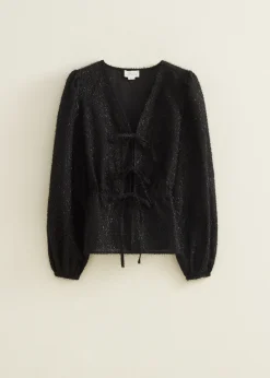Online Cotton Club Glitter blouse met striksluiting zwart