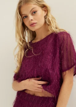 Fashion Cotton Club Glitter top fancy aubergine,donker