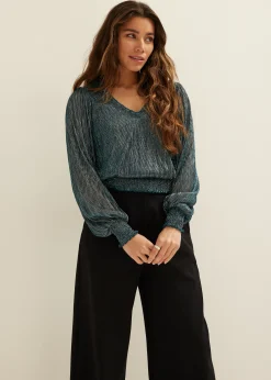 Sale Cotton Club Glitter top met v-hals donkeraqua