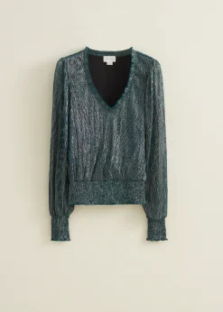 Sale Cotton Club Glitter top met v-hals donkeraqua