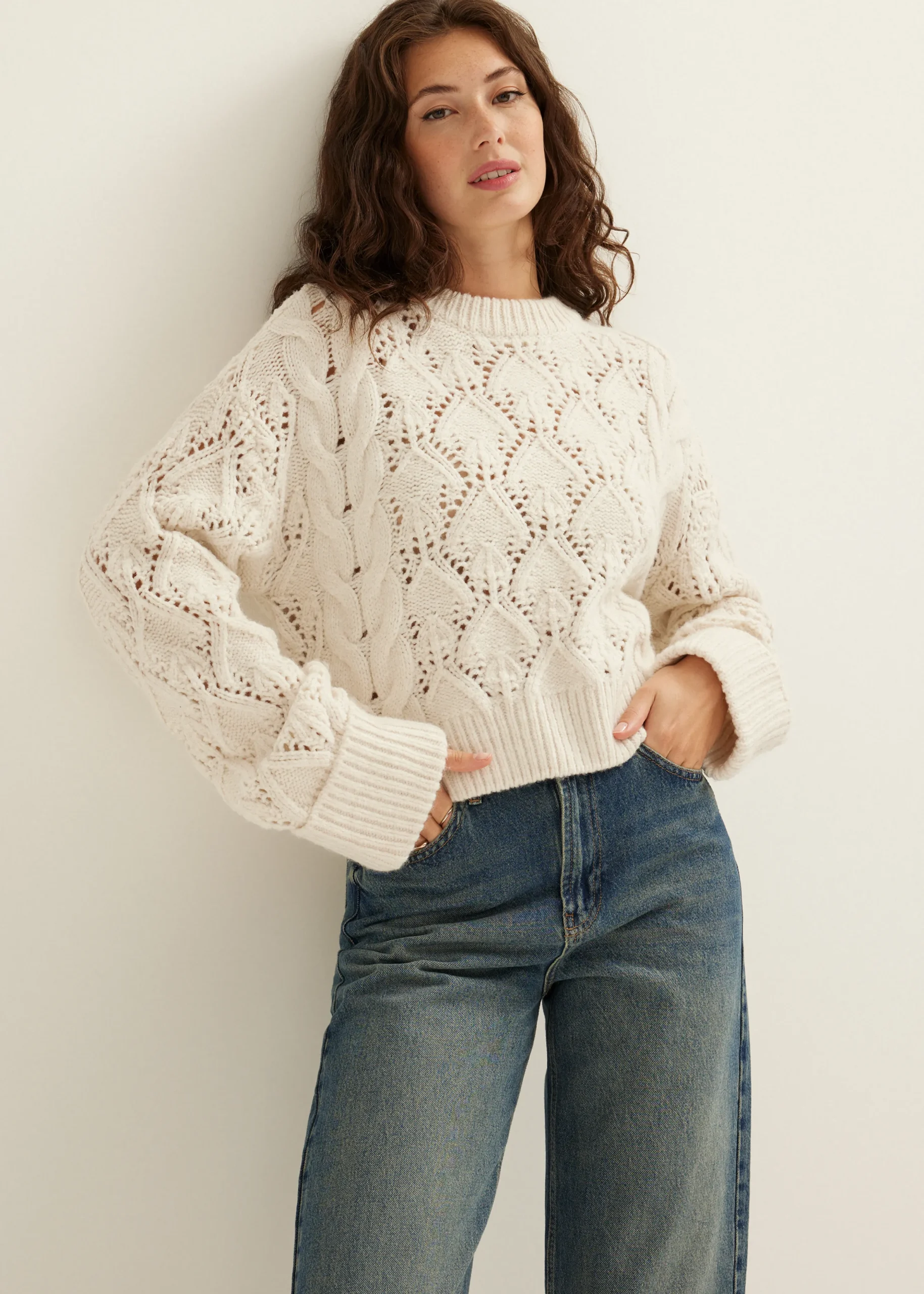 Online Cotton Club Kabeltrui met ajour details ecru