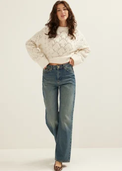 Online Cotton Club Kabeltrui met ajour details ecru