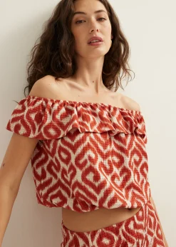 Discount Cotton Club Off-shoulder top met tweekleurige print brique