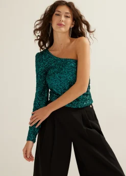 Fashion Cotton Club One-shoulder top met pailletten donkeraqua