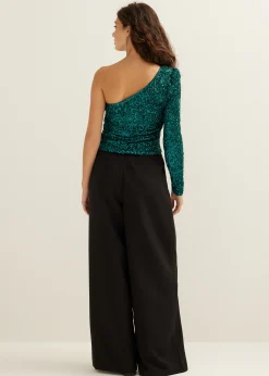 Fashion Cotton Club One-shoulder top met pailletten donkeraqua