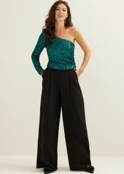 Fashion Cotton Club One-shoulder top met pailletten donkeraqua