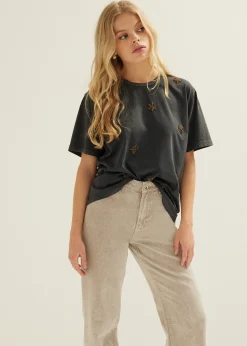 Outlet Cotton Club Oversized t-shirt met kralen antraciet