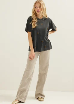 Outlet Cotton Club Oversized t-shirt met kralen antraciet