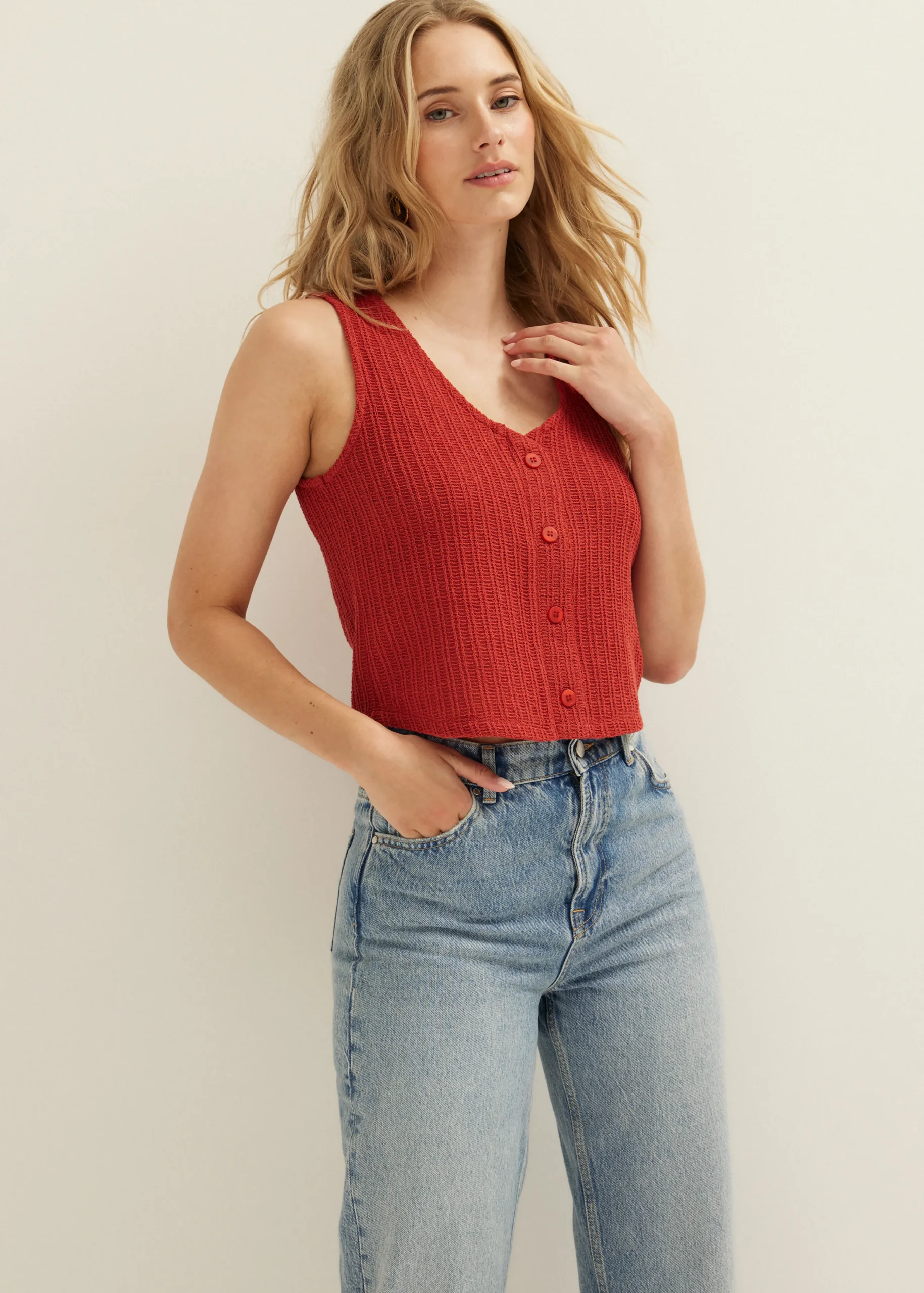 Sale Cotton Club Singlet met knopen brique