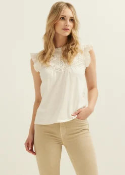 Fashion Cotton Club Singlet met plooi-en ruffle details ecru
