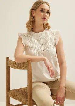 Fashion Cotton Club Singlet met plooi-en ruffle details ecru