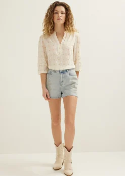 Sale Cotton Club Top met geborduurde print lichtzand