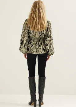 Fashion Cotton Club Top met jacquard patroon goud