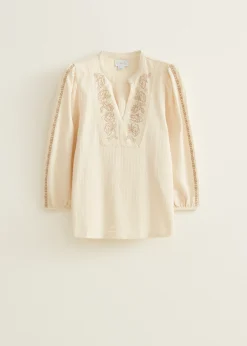 Outlet Cotton Club Top met kraal details lichtzand