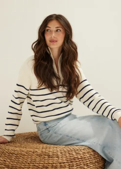 Fashion Cotton Club Trui Streep Rits donkerblauw