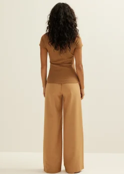 New Cotton Club t-shirt met rib structuur camel