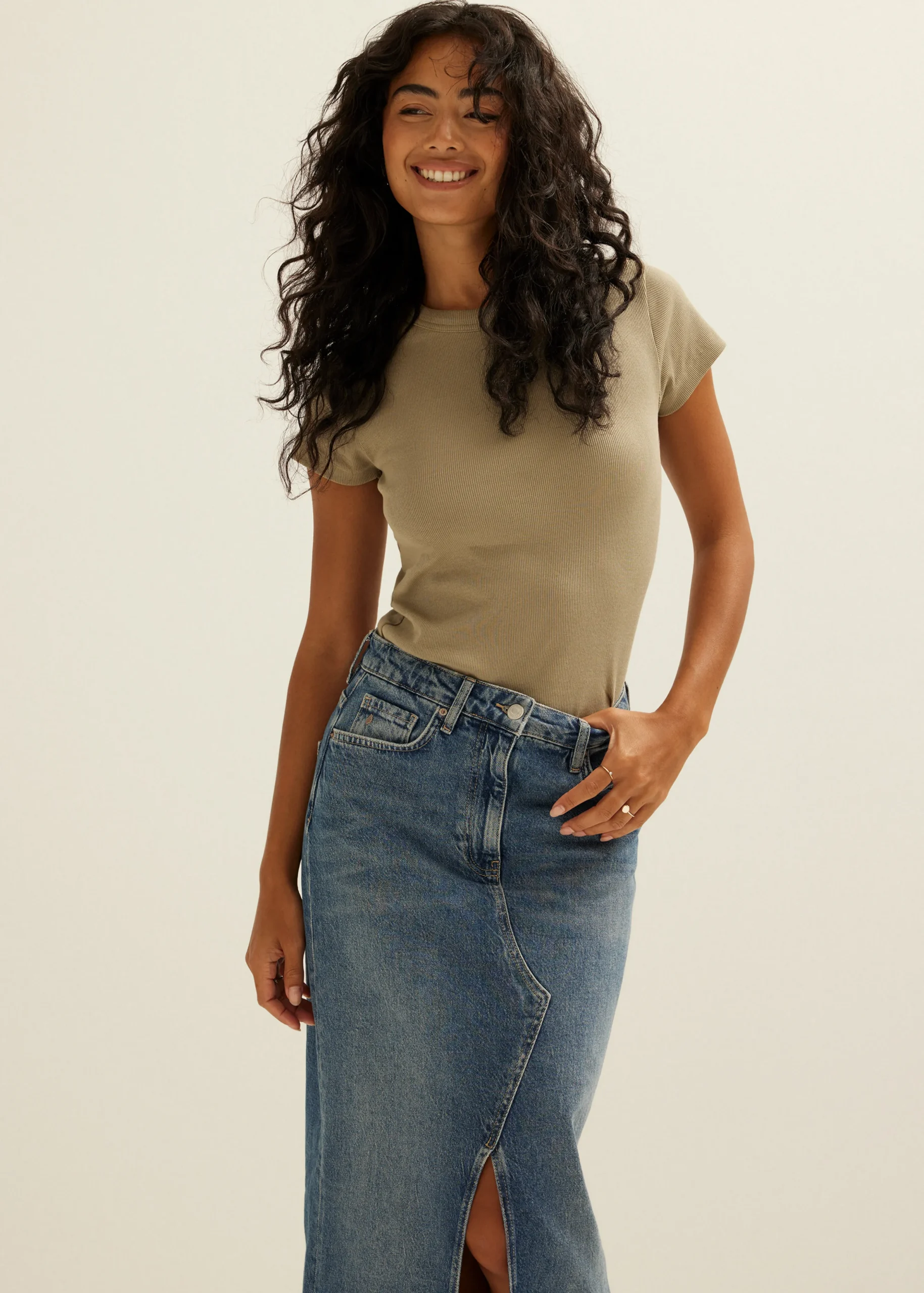 Online Cotton Club t-shirt met rib structuur khaki