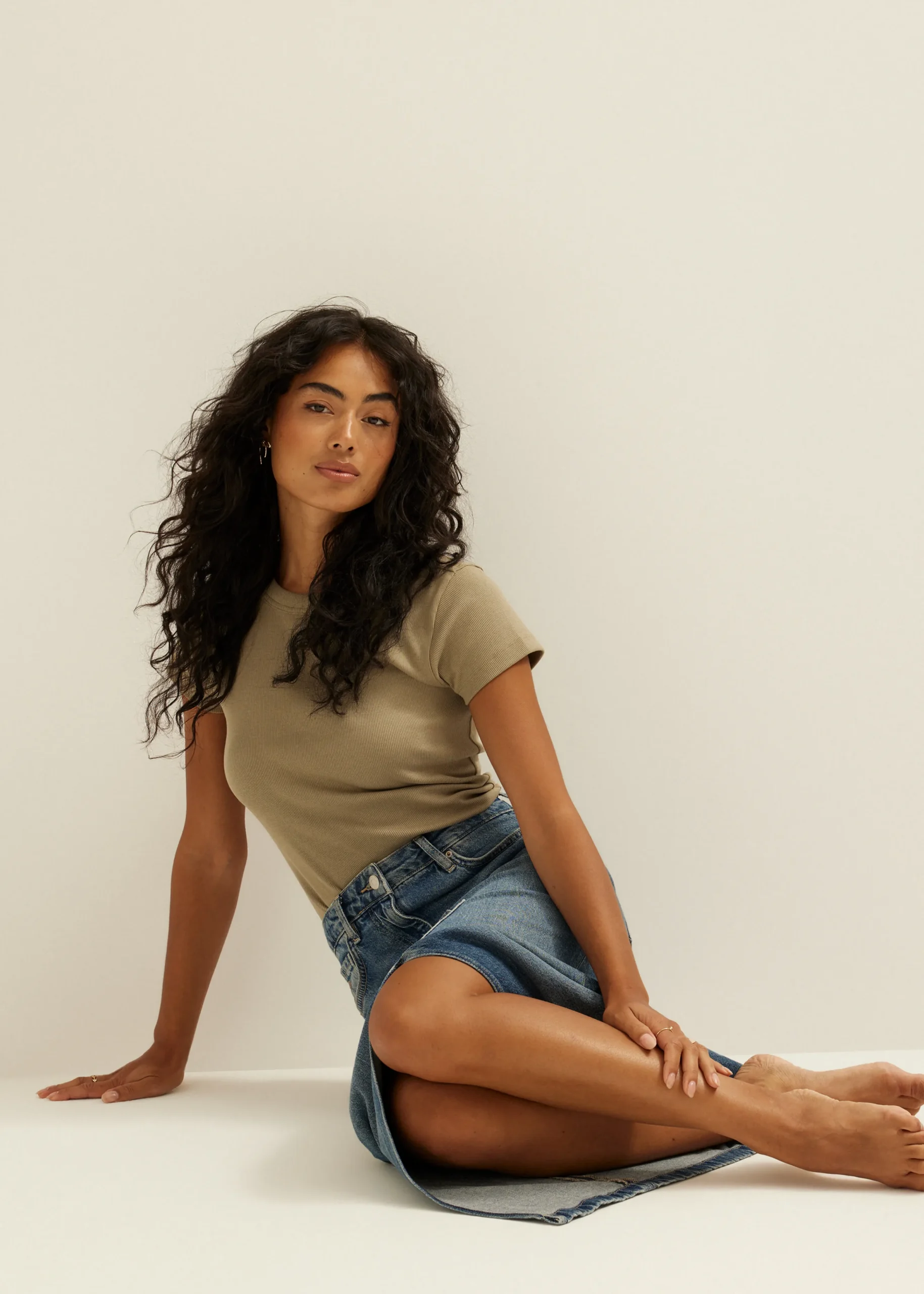 Online Cotton Club t-shirt met rib structuur khaki