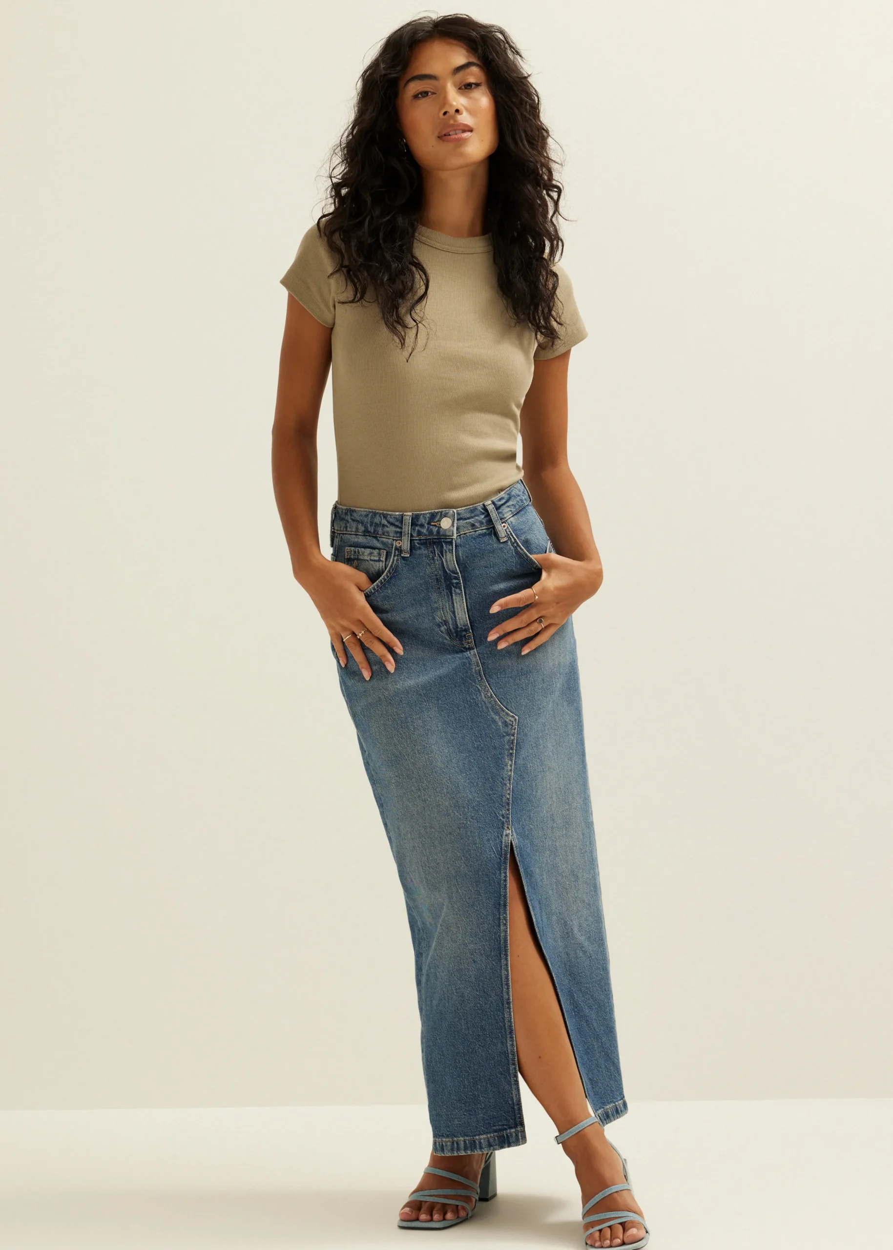 Online Cotton Club t-shirt met rib structuur khaki