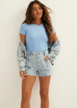 New Cotton Club T-shirt met rib structuur Hemelsblauw
