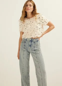 Outlet Cotton Club T-shirt met veren en pailletten nude