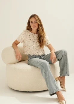 Outlet Cotton Club T-shirt met veren en pailletten nude
