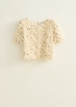 Outlet Cotton Club T-shirt met veren en pailletten nude